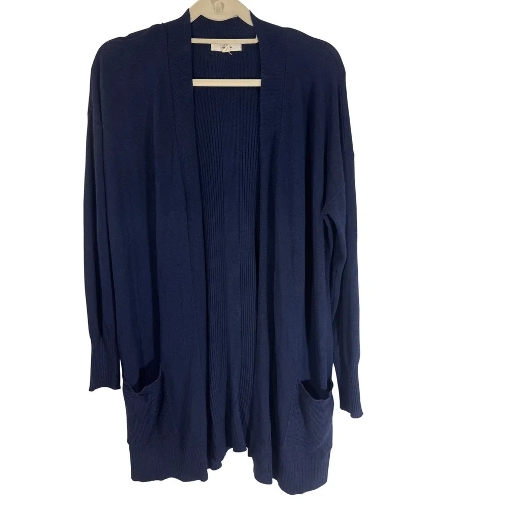Peyton Primrose Cardigan Sweater Womens Size L‎ Open Front Ribbed Knit Navy Blue